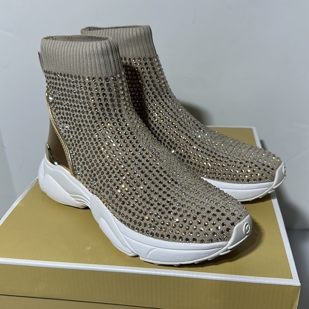 Michael Kors Katrina stretch knit bootie hot fix stones embellished sparkly gold